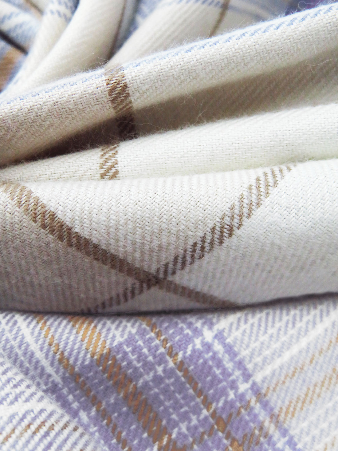 White/Periwinkle/Stone Terrance/Multi 100% Cotton Plaid Weave Yarn-Dyed Flannel Shirting 58W