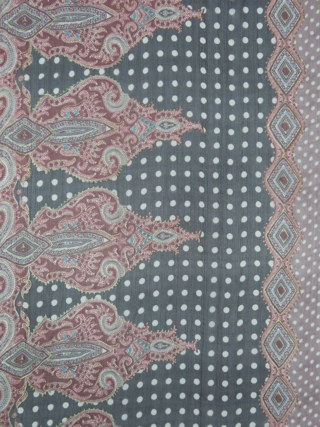 Black/Light Mauve/Currant Red/Multi 100% Silk Ornate Double Border Glitter Print Crinkle Chiffon 53W