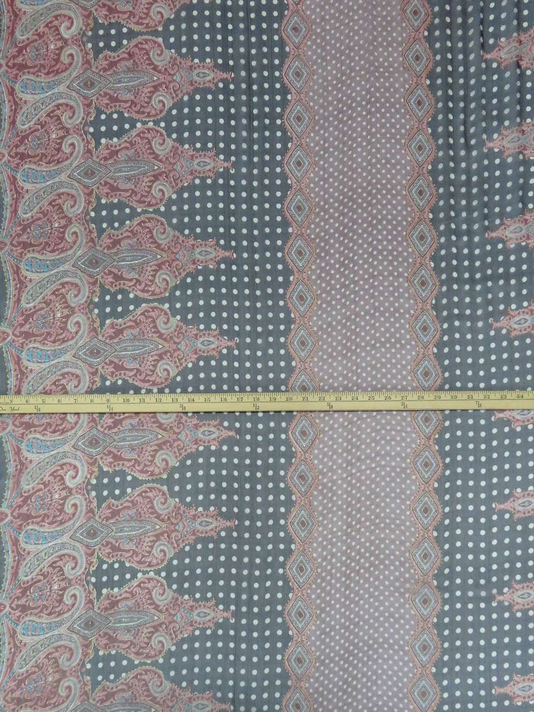 Black/Light Mauve/Currant Red/Multi 100% Silk Ornate Double Border Glitter Print Crinkle Chiffon 53W