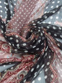 Black/Light Mauve/Currant Red/Multi 100% Silk Ornate Double Border Glitter Print Crinkle Chiffon 53W