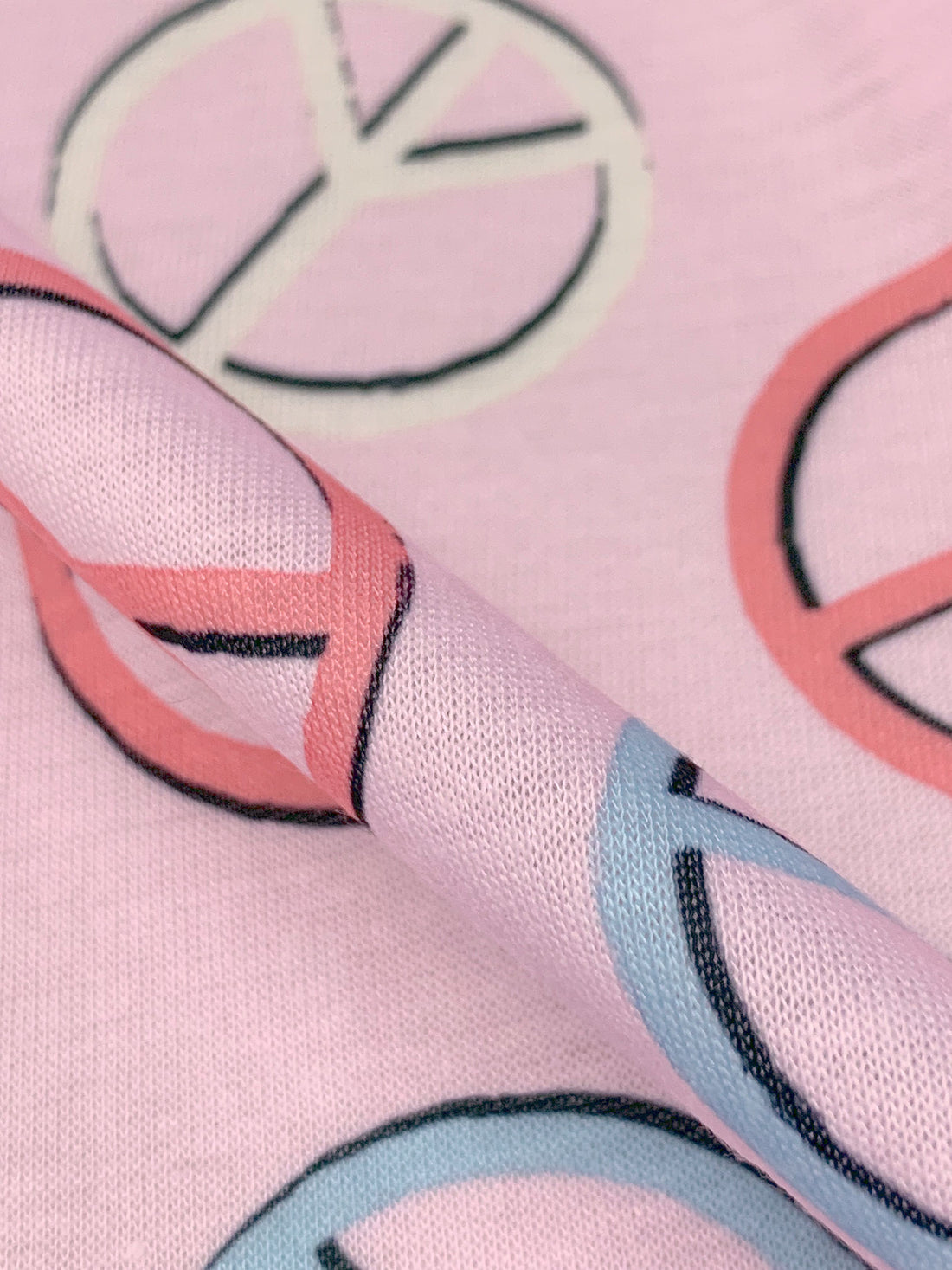 Pale Pink/Soft Cerulean/Terra Rosa/Multi 100% Polyester Peace Sign Print Jersey Knit 56W