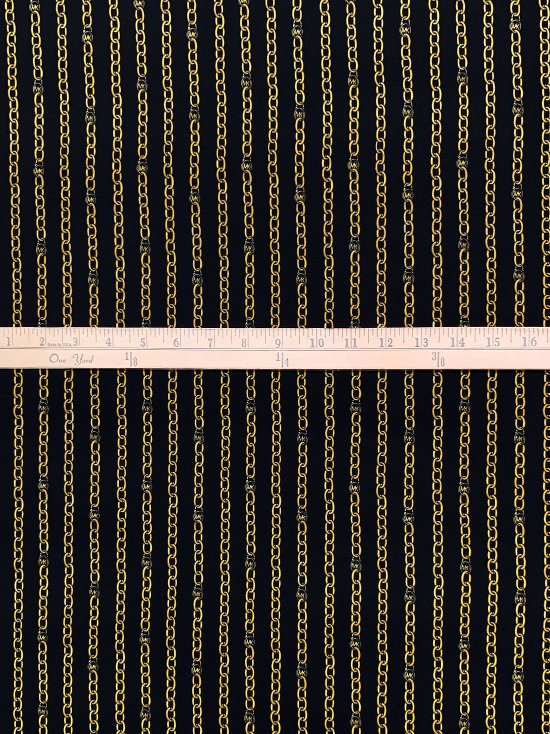 Black/Gold Polyester/Lycra Vertical MK Chain Print ITY Knit - NY Designer - 58W