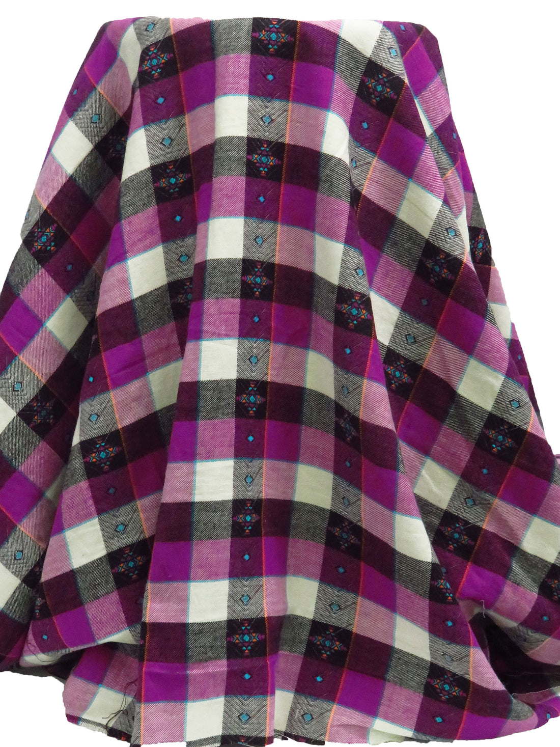 Rich Purple/Tangerine/Off-White/Multi 100% Cotton Plaid Tribal Weave Yarn-Dyed Flannel Shirting 51W