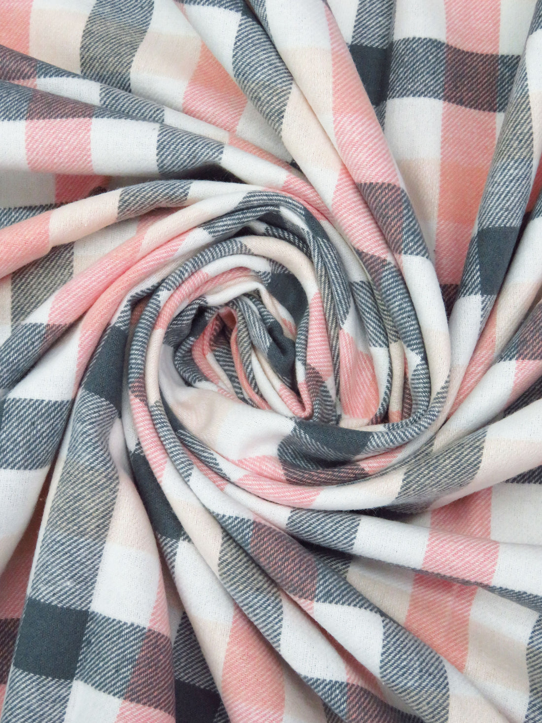 White/Pale Peach/Anchor Gray/Pale Salmon 100% Cotton Plaid Weave Yarn-Dyed Flannel Shirting 54W