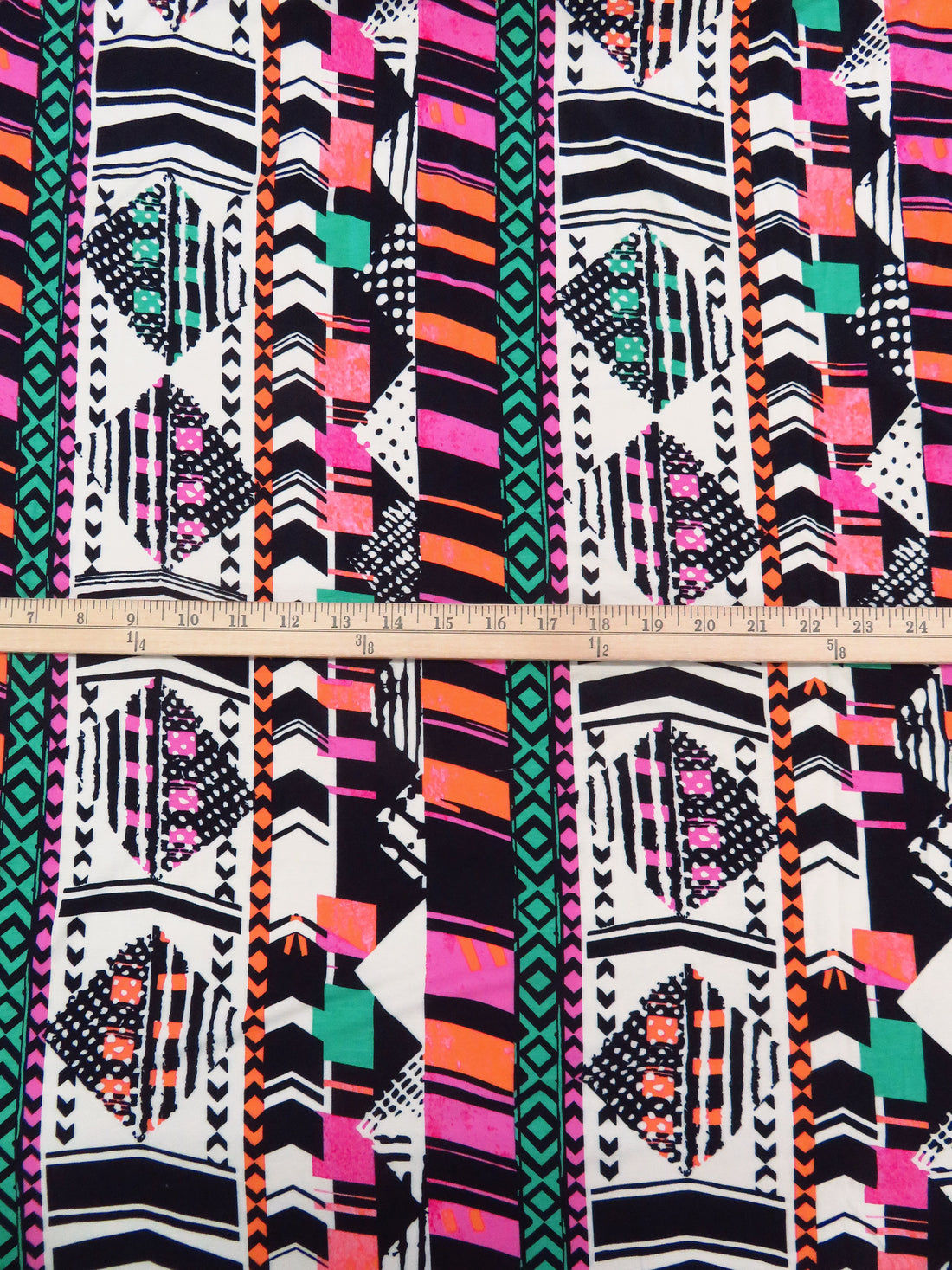 Hot Pink/Vibrant Orange/Black/Multi Rayon/Lycra Stylized Tribal Stripe Jersey Knit - Famous Dress Designer - 62W