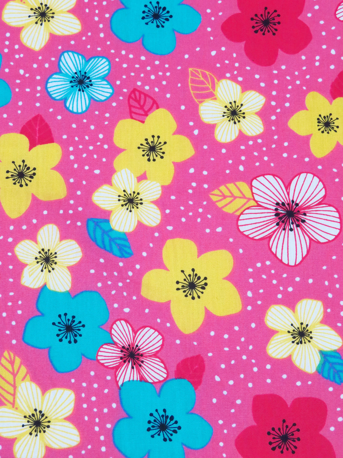 Magenta Pink/Rich Electric Blue/White/Bitter Lemon 100% Cotton Floral Dot Print Poplin Shirting 58W