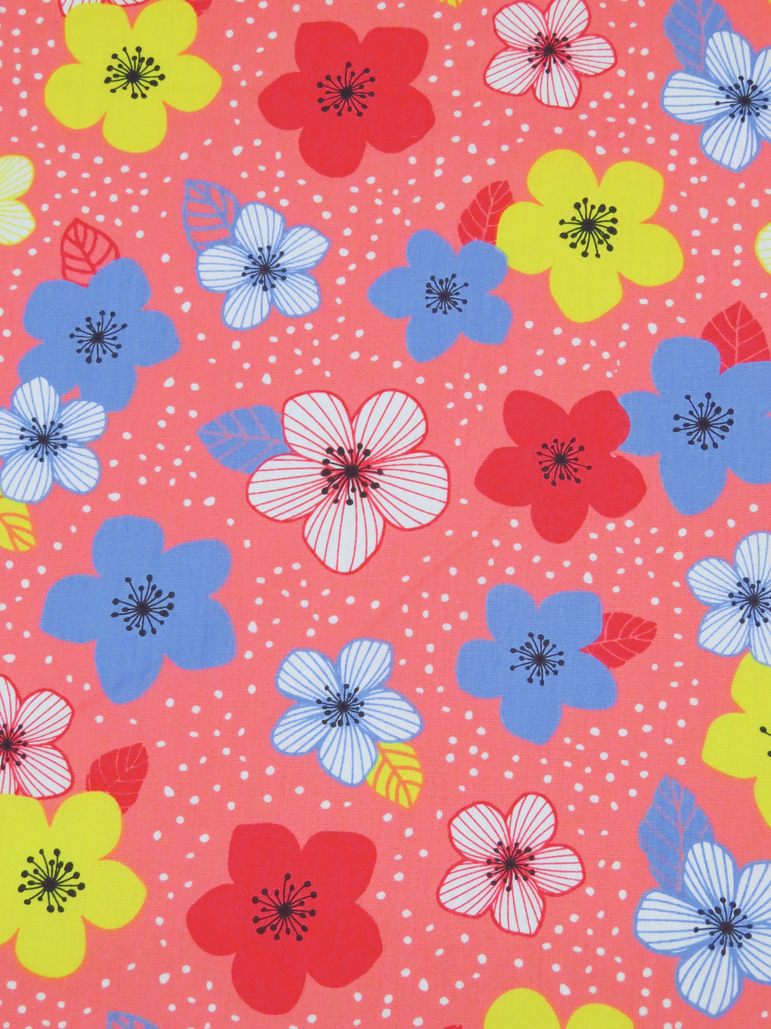 Light Coral Pink/Bright Blue/Soft Lemon/White 100% Cotton Floral Dot Print Poplin Shirting 58W