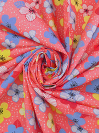 Light Coral Pink/Bright Blue/Soft Lemon/White 100% Cotton Floral Dot Print Poplin Shirting 58W