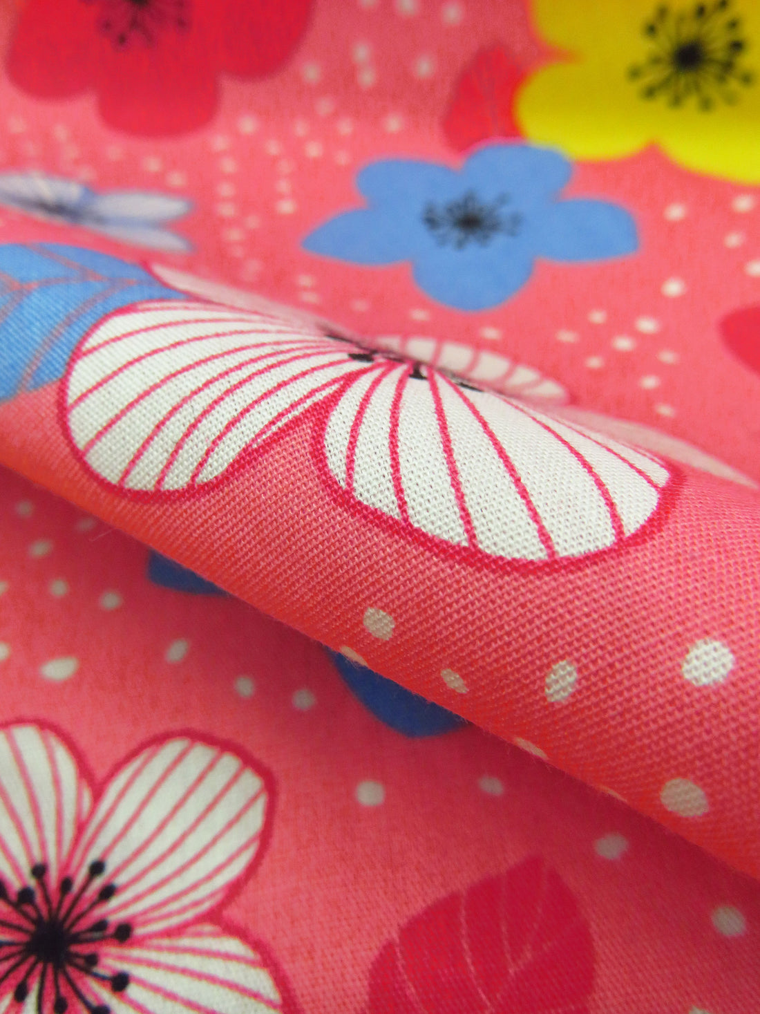 Light Coral Pink/Bright Blue/Soft Lemon/White 100% Cotton Floral Dot Print Poplin Shirting 58W