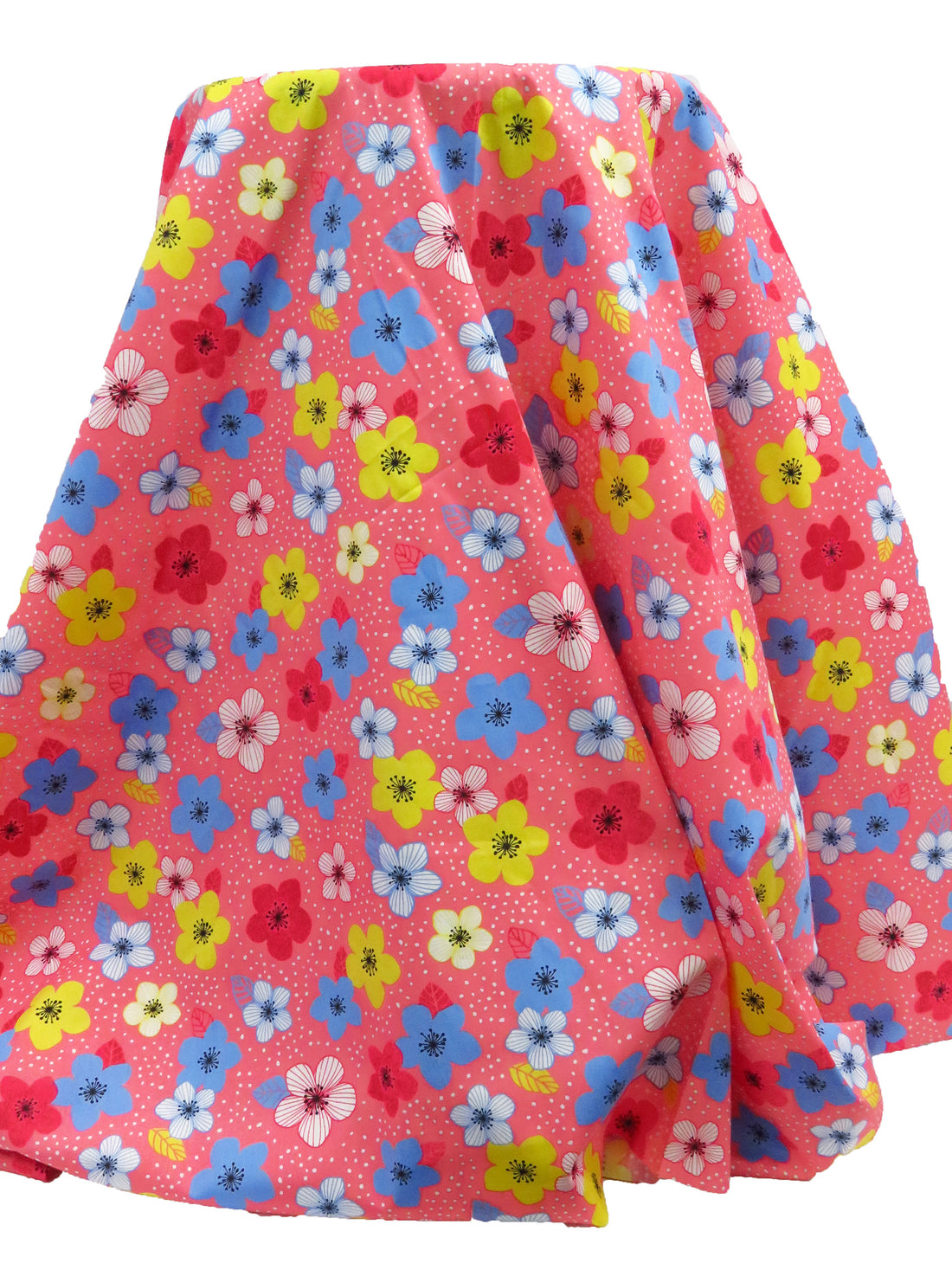 Light Coral Pink/Bright Blue/Soft Lemon/White 100% Cotton Floral Dot Print Poplin Shirting 58W