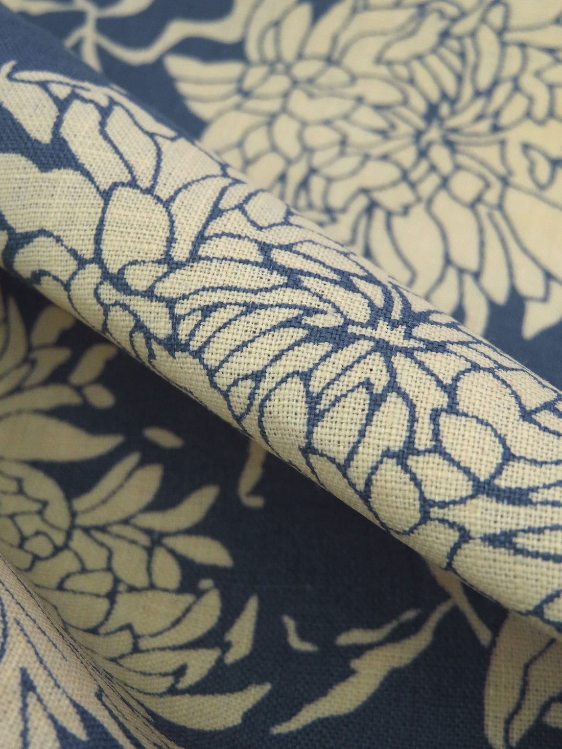 Independence Blue/Custard Cream 100% Linen Contour Floral Print Shirting 56W