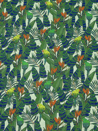 Fern Green/Dark Imperial Blue/Dark Lemon Lime/Multi 100% Linen Tropical Floral & Birds Print Shirting 58W