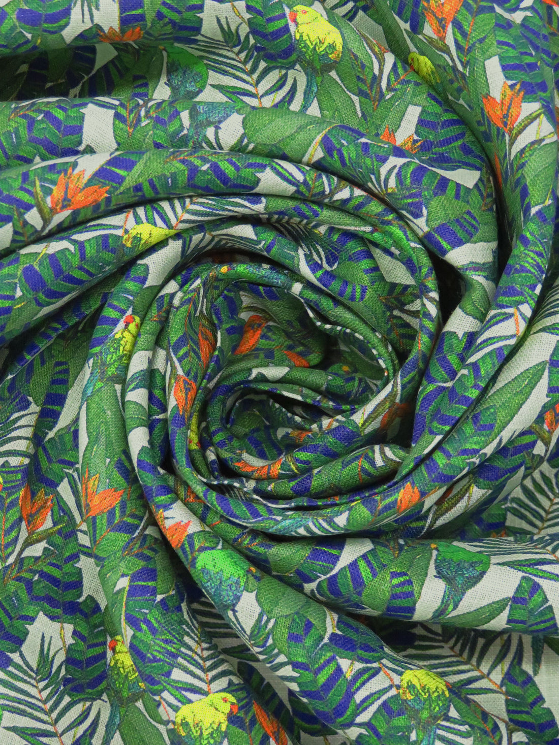 Fern Green/Dark Imperial Blue/Dark Lemon Lime/Multi 100% Linen Tropical Floral & Birds Print Shirting 58W