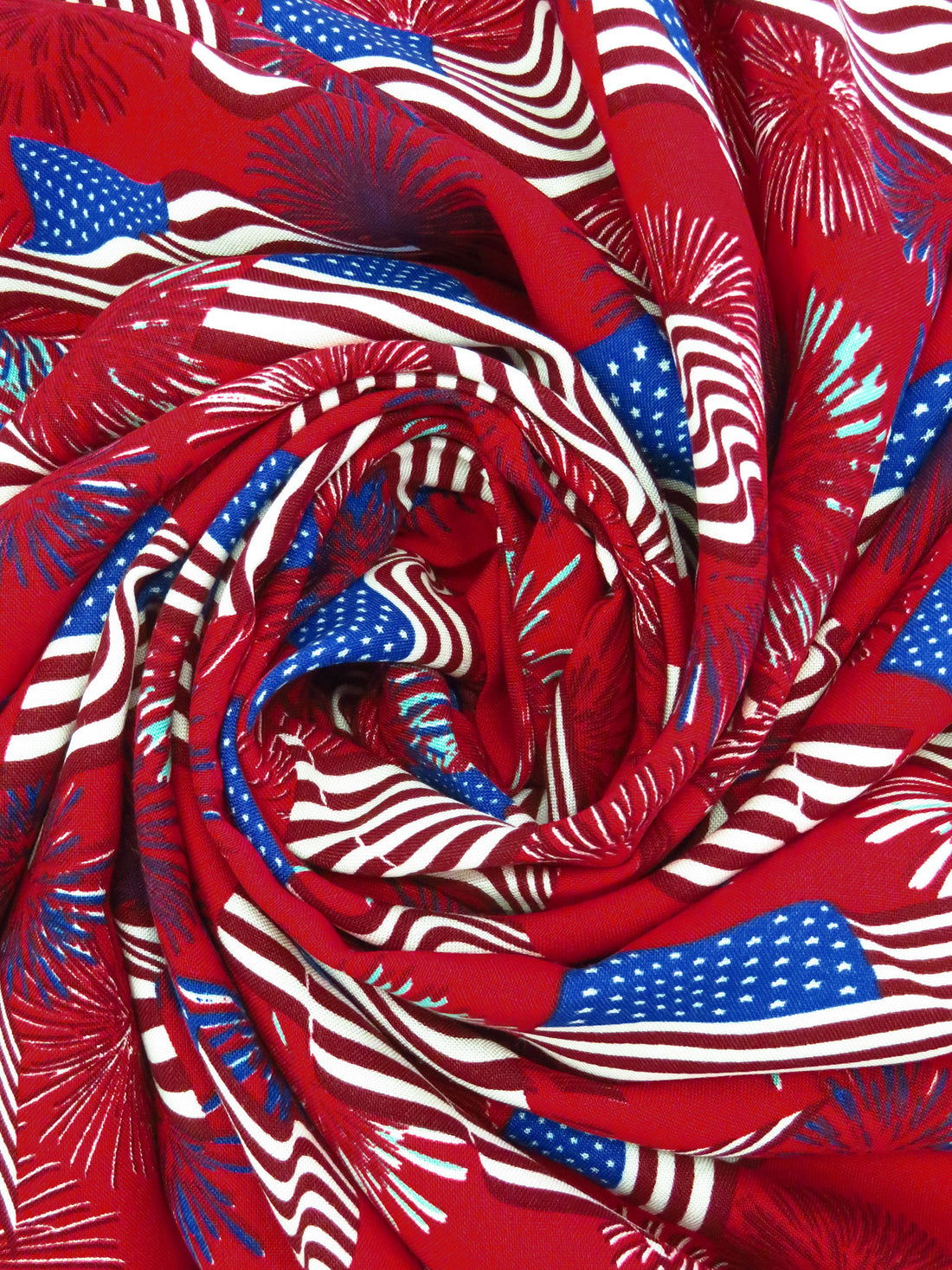 Red/White/Blue 100% Rayon Wavy USA Flag & Fireworks Print Challis 52W