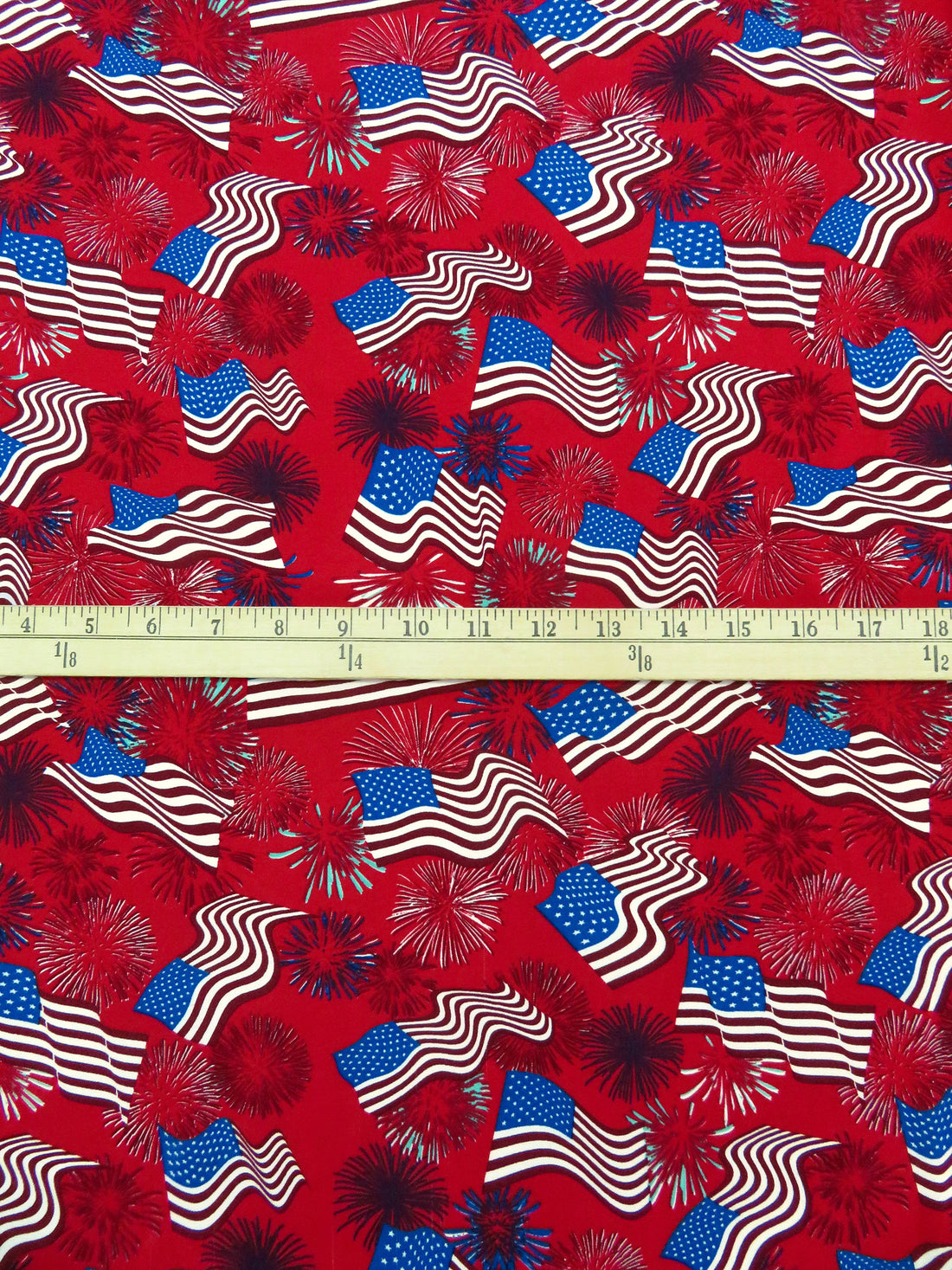 Red/White/Blue 100% Rayon Wavy USA Flag & Fireworks Print Challis 52W