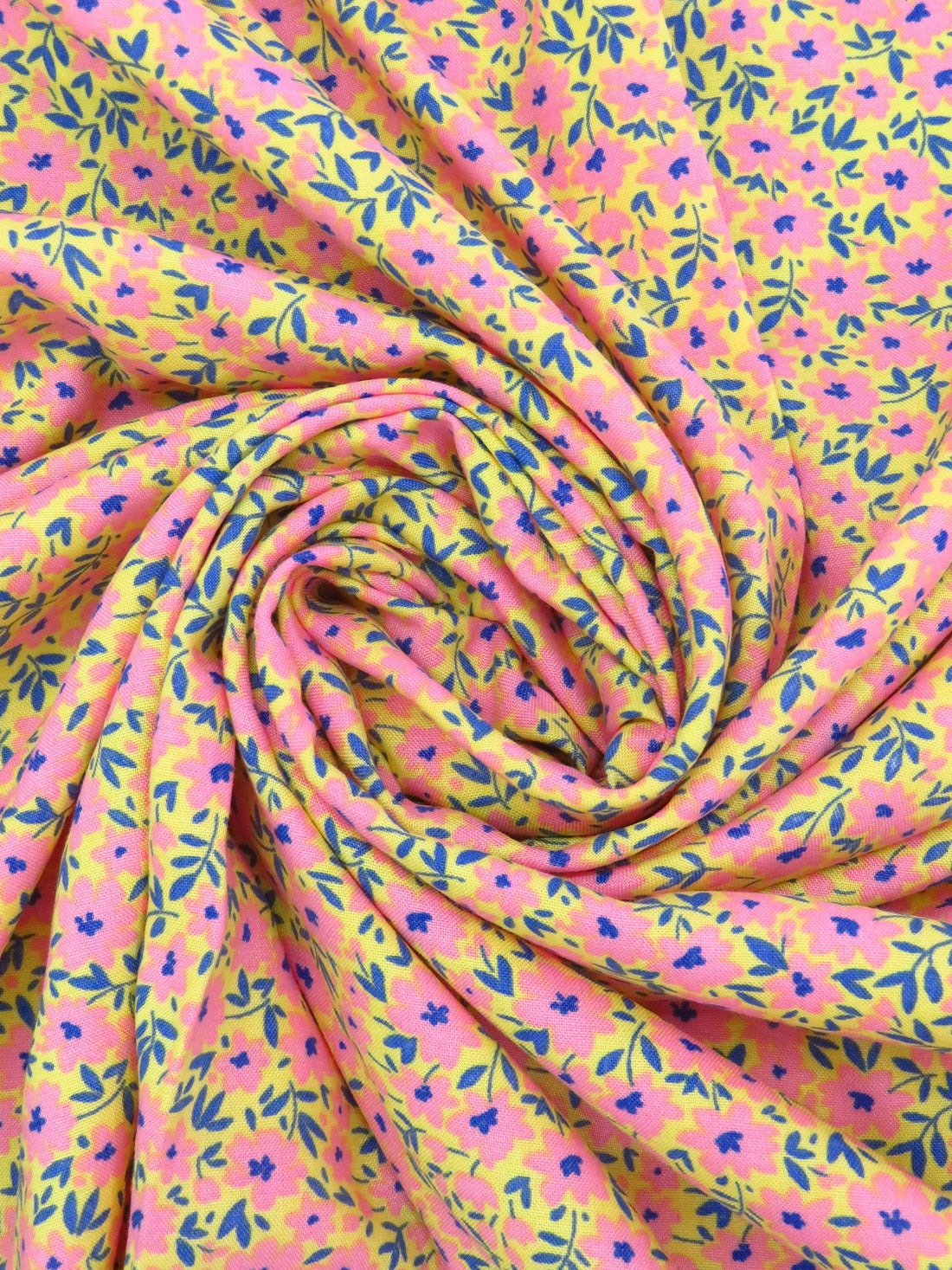 Citrus Yellow/Taffy Pink/Sapphire 100% Rayon Ditsy Floral Print Challis 54W