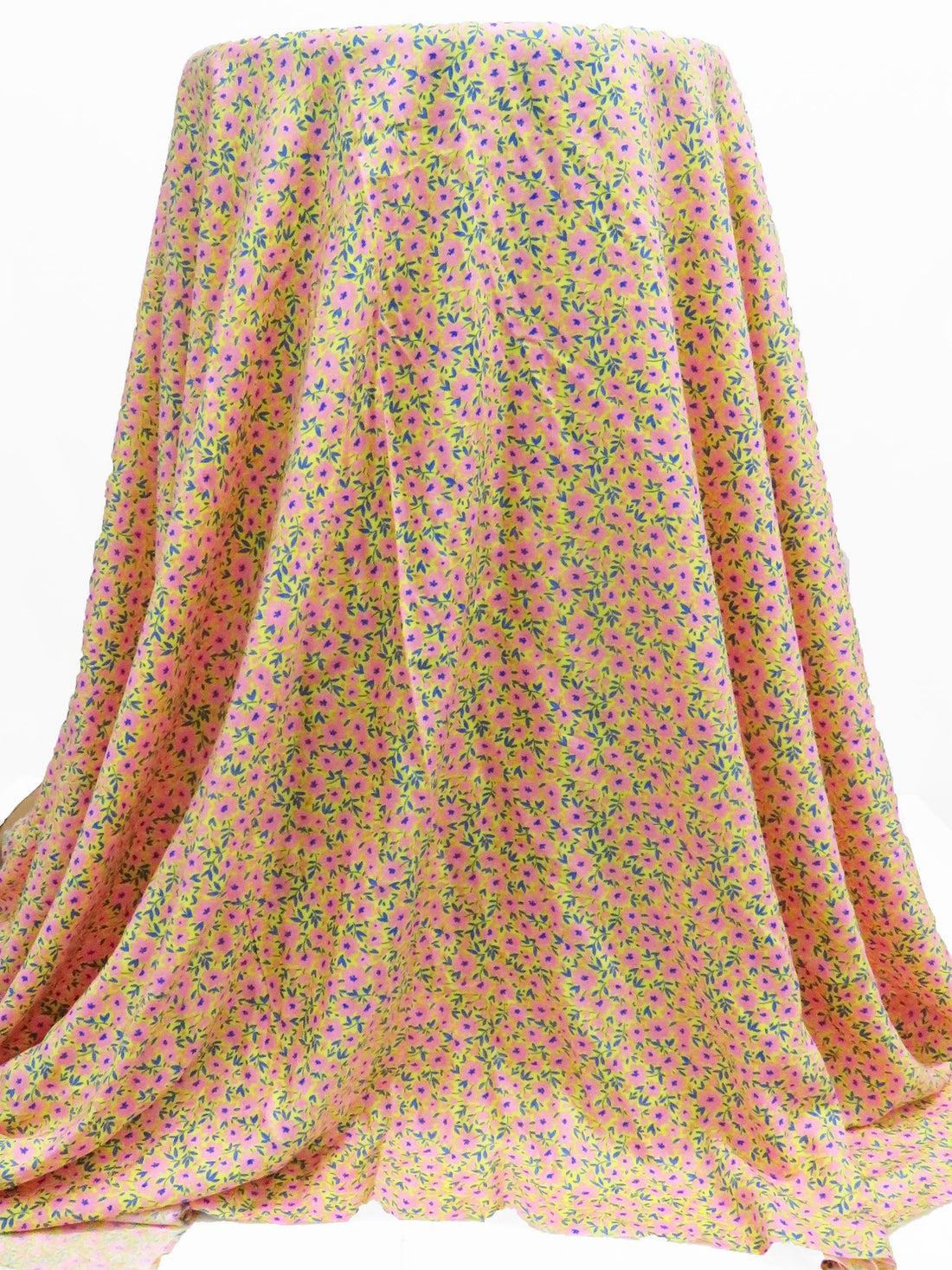 Citrus Yellow/Taffy Pink/Sapphire 100% Rayon Ditsy Floral Print Challis 54W