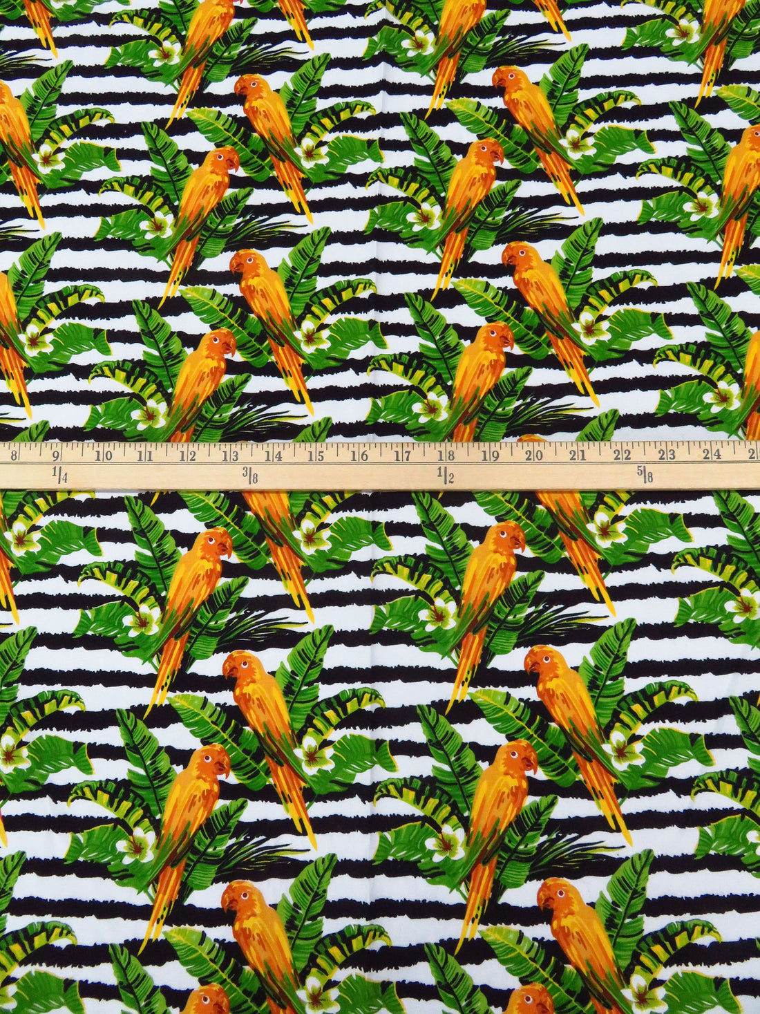Marigold/Royal Green/Black/White 100% Rayon Tropical Bird Floral Over Horizontal Rugged Stripe Print Challis 54W