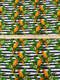 Marigold/Royal Green/Black/White 100% Rayon Tropical Bird Floral Over Horizontal Rugged Stripe Print Challis 54W