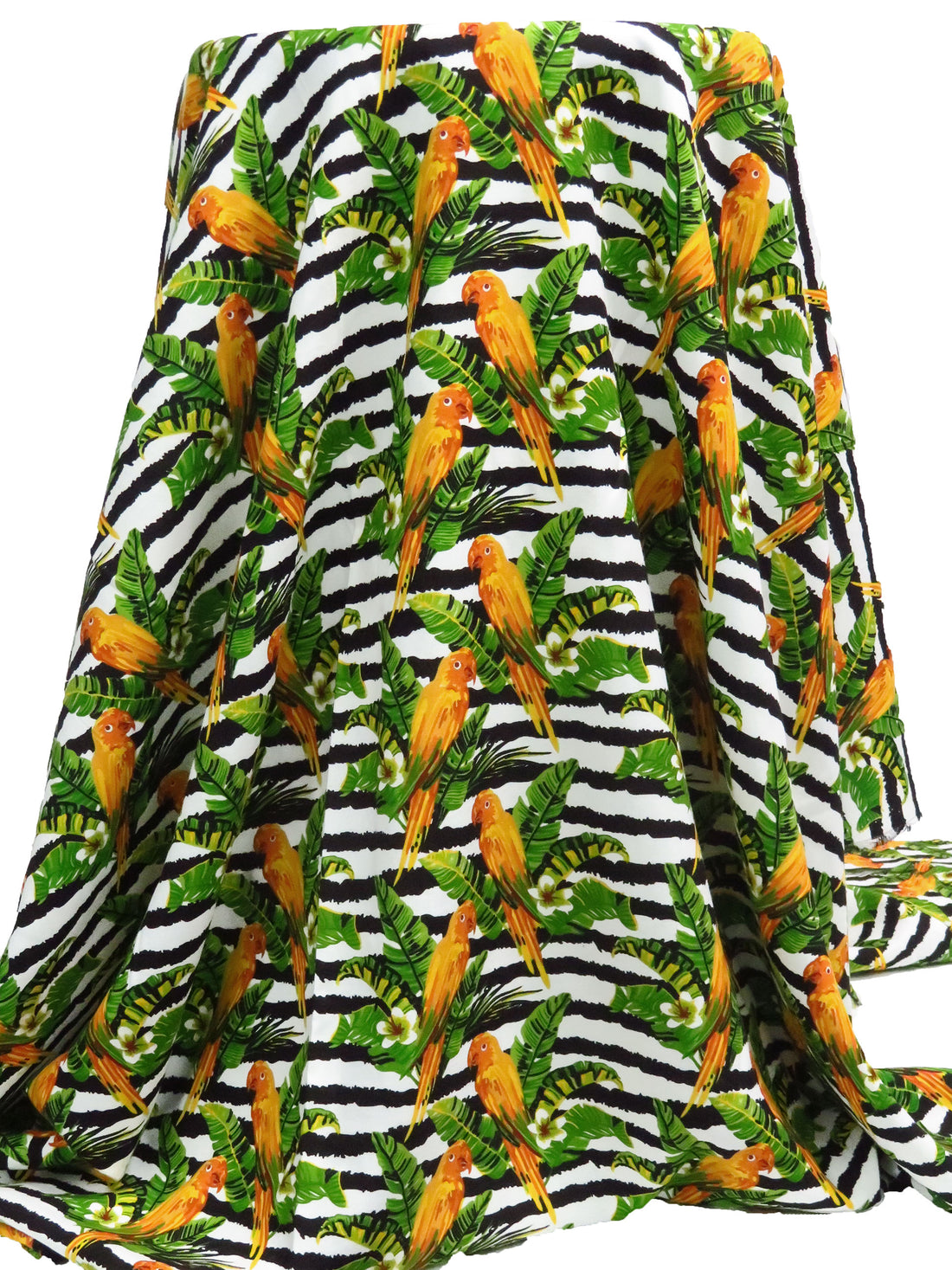 Marigold/Royal Green/Black/White 100% Rayon Tropical Bird Floral Over Horizontal Rugged Stripe Print Challis 54W