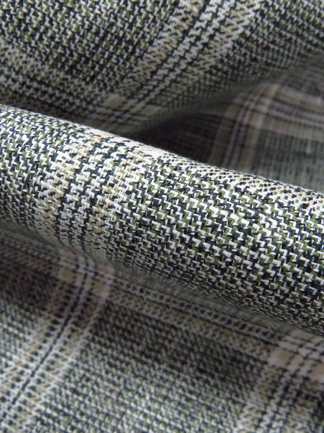 Sage/Dark Teal/White/Tan 100% Linen Yarn-Dyed Plaid Shirt Weight Woven 56W