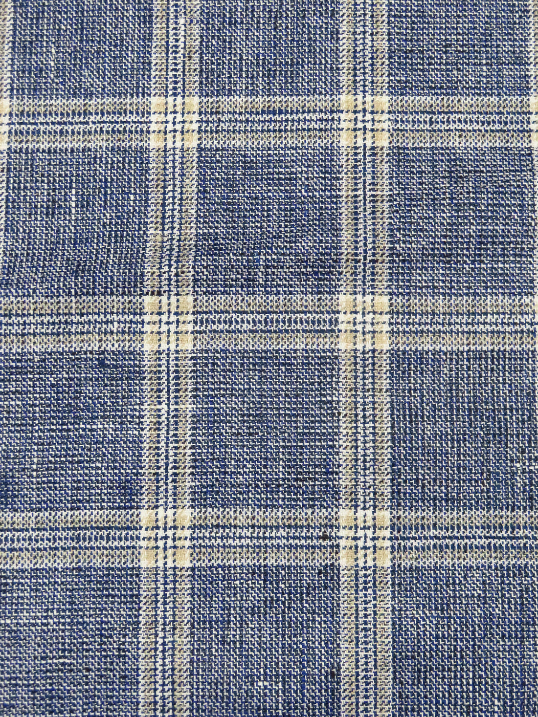 Lapis Blue/White/Tan 100% Linen Yarn-Dyed Plaid Shirt Weight Woven 56W