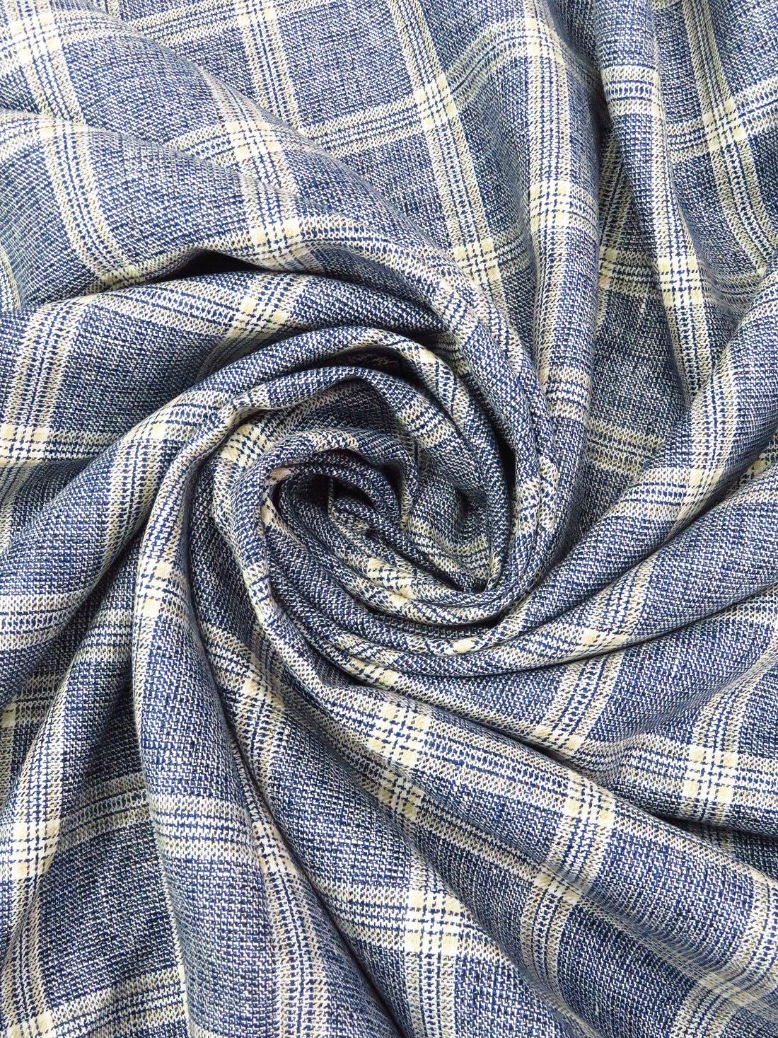 Lapis Blue/White/Tan 100% Linen Yarn-Dyed Plaid Shirt Weight Woven 56W