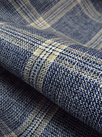 Lapis Blue/White/Tan 100% Linen Yarn-Dyed Plaid Shirt Weight Woven 56W