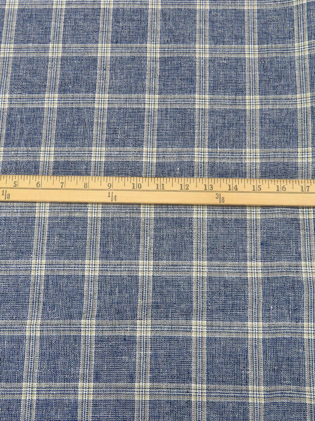 Lapis Blue/White/Tan 100% Linen Yarn-Dyed Plaid Shirt Weight Woven 56W