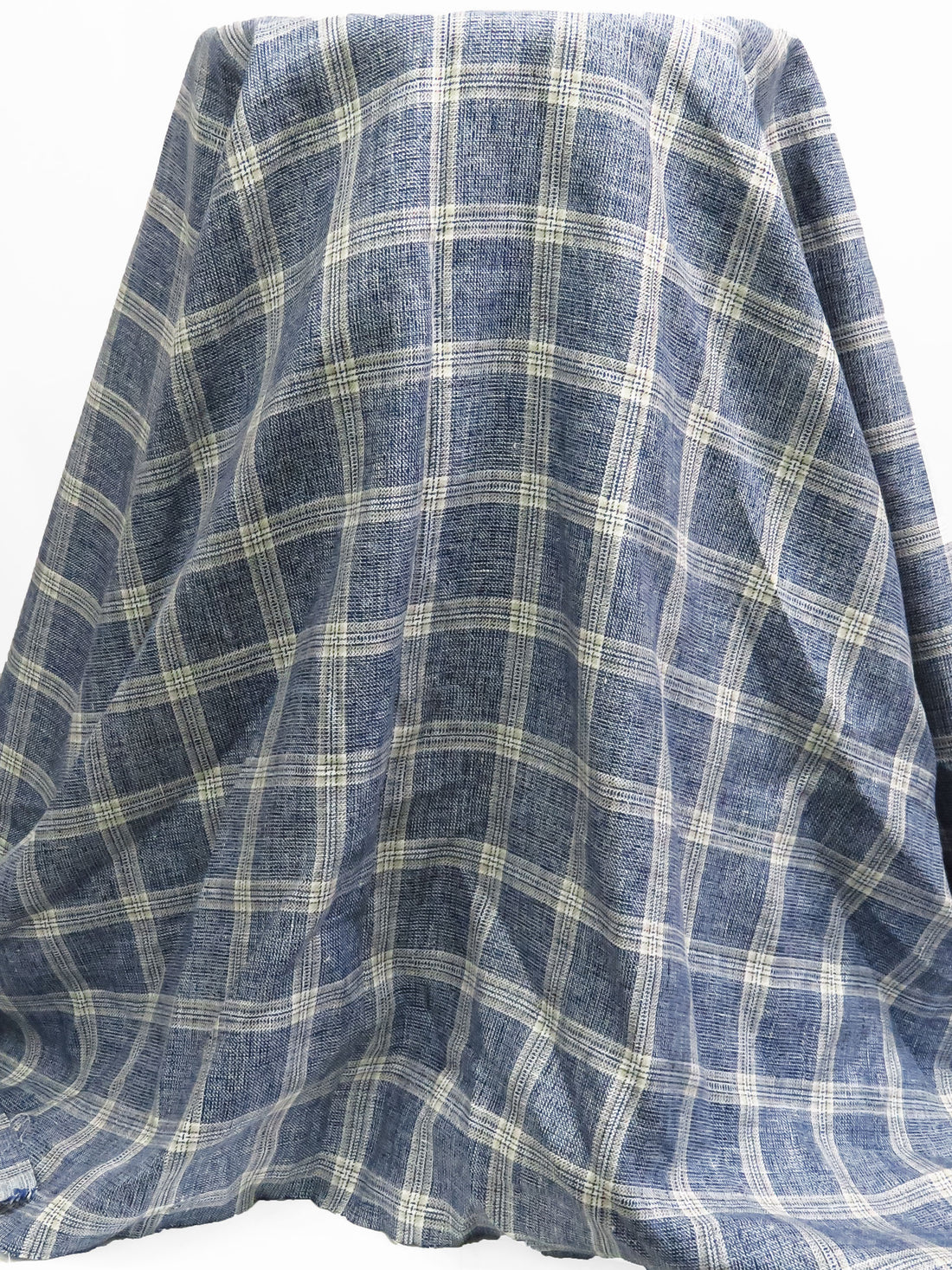 Lapis Blue/White/Tan 100% Linen Yarn-Dyed Plaid Shirt Weight Woven 56W