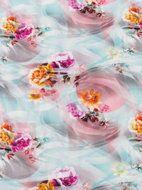 Pale Robin's Egg/Dusty Rose Pink/Tangerine/Multi 100% Rayon Wavy Floral Print Challis 56W