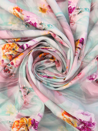 Pale Robin's Egg/Dusty Rose Pink/Tangerine/Multi 100% Rayon Wavy Floral Print Challis 56W