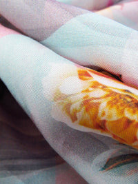 Pale Robin's Egg/Dusty Rose Pink/Tangerine/Multi 100% Rayon Wavy Floral Print Challis 56W