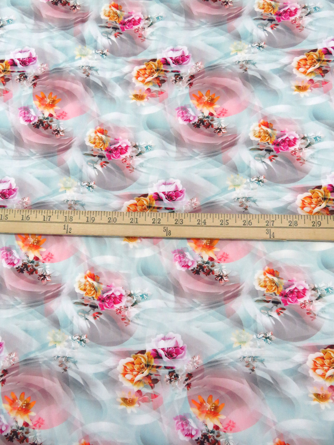 Pale Robin's Egg/Dusty Rose Pink/Tangerine/Multi 100% Rayon Wavy Floral Print Challis 56W