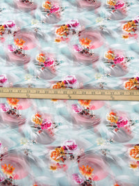 Pale Robin's Egg/Dusty Rose Pink/Tangerine/Multi 100% Rayon Wavy Floral Print Challis 56W