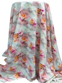 Pale Robin's Egg/Dusty Rose Pink/Tangerine/Multi 100% Rayon Wavy Floral Print Challis 56W