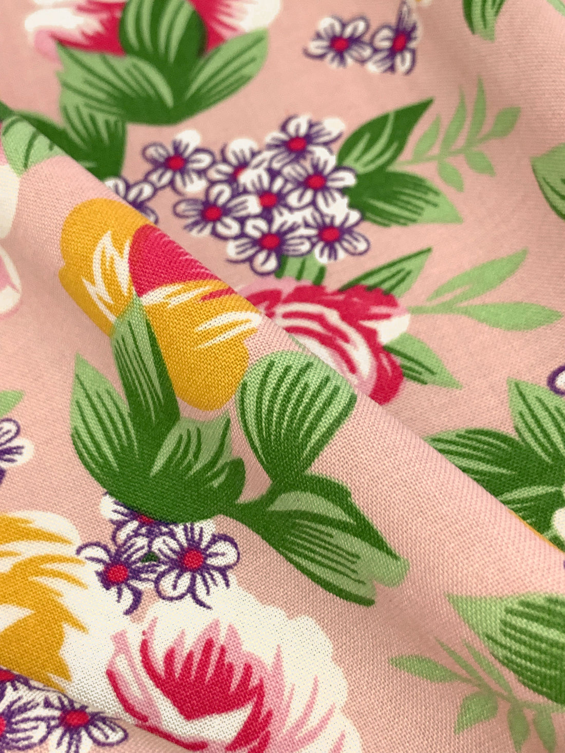 Baby Pink/Fern Green/White/Goldenrod 100% Rayon Floral Print Challis 56W