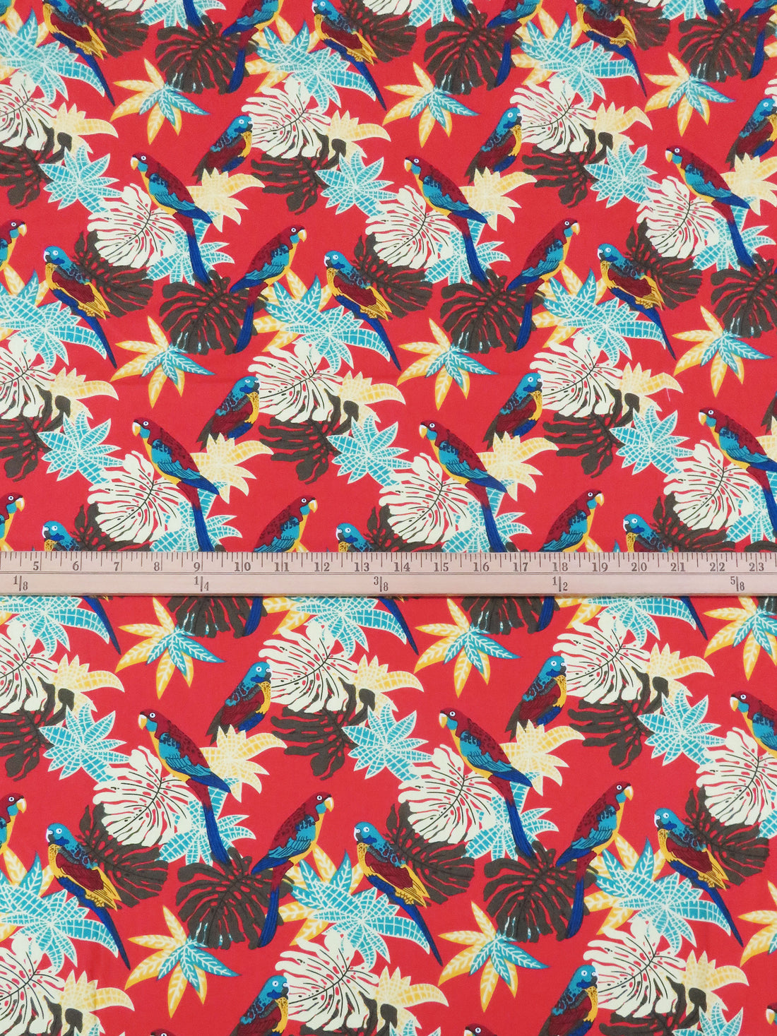 Scarlet/Cerulean/Pale Celery Green/Multi 100% Cotton Tropical Parrot Print Poplin Shirting 56W