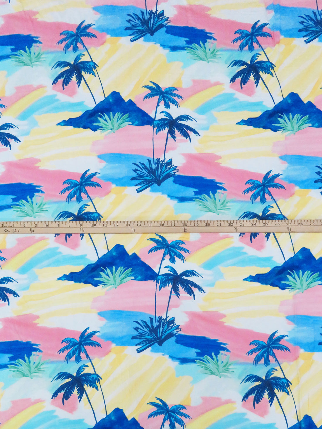 Deep Sapphire/Lemon/Salmon Pink/Multi 100% Rayon Retro Paradise Print Challis 56W