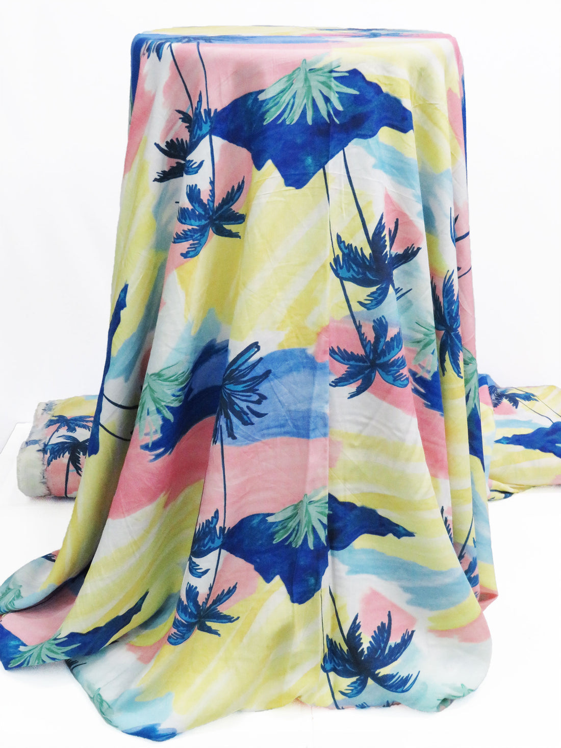 Deep Sapphire/Lemon/Salmon Pink/Multi 100% Rayon Retro Paradise Print Challis 56W