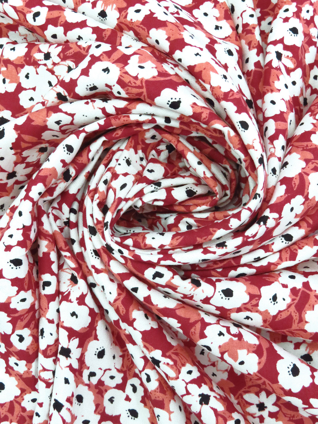Deep Carmine/Terracotta Peach/White/Black 100% Rayon Floral Print Challis 54W