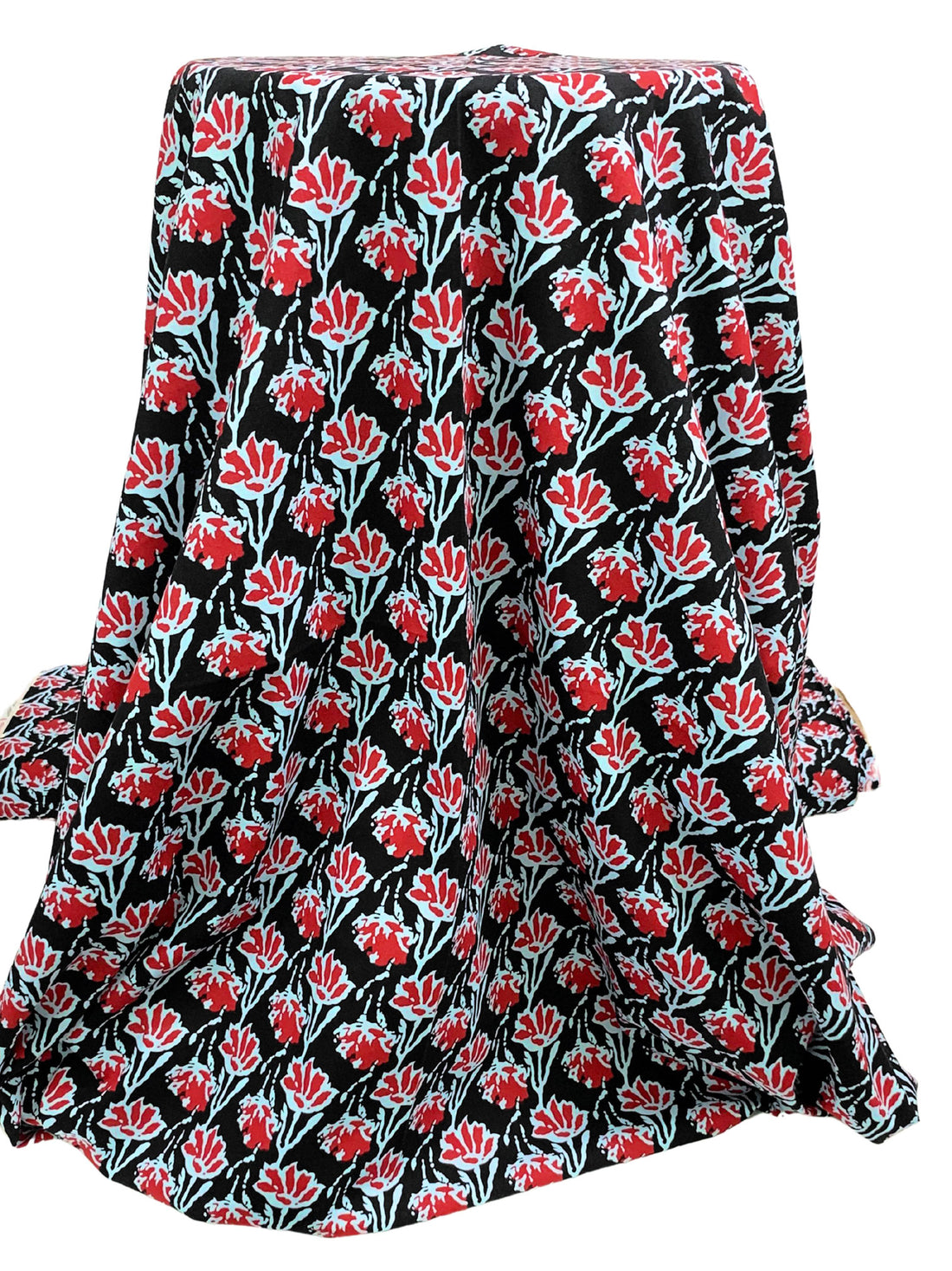 Cherry/Powder Blue/Black 100% Cotton Abstract Floral Print Poplin Shirting 58W