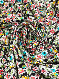 Turquoise Surf/Fiery Rose/Mango/Black/White 100% Cotton Floral Print Poplin Shirting 58W