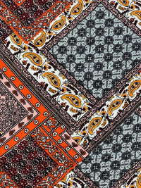 Flame/Ash Gray/White/Multi 100% Rayon Ornate Floral Paisley Print Challis 54W