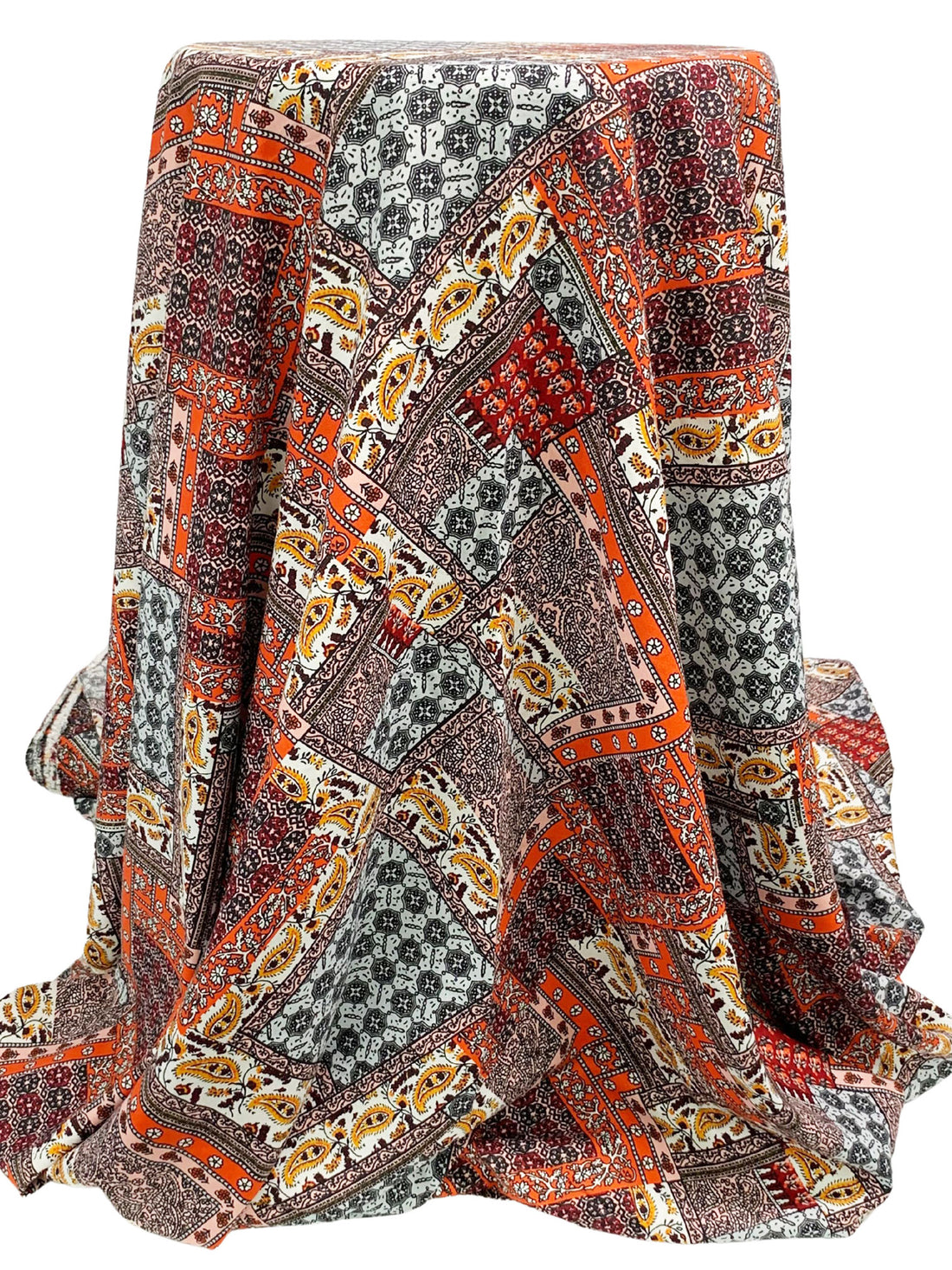 Flame/Ash Gray/White/Multi 100% Rayon Ornate Floral Paisley Print Challis 54W