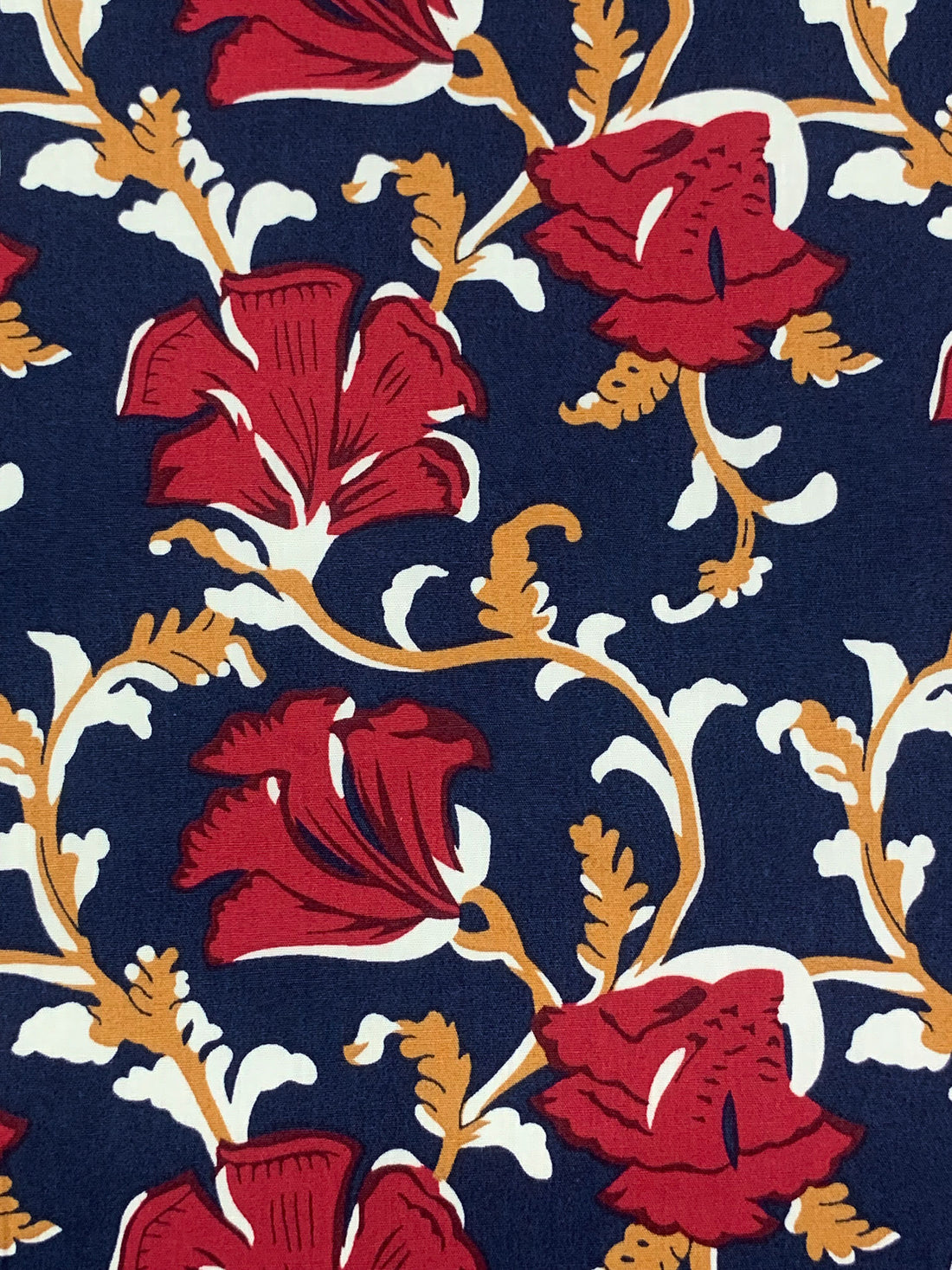 Navy Blue/Royal Red/White/Golden Spice 100% Cotton Floral Vines Print Poplin Shirting 56W