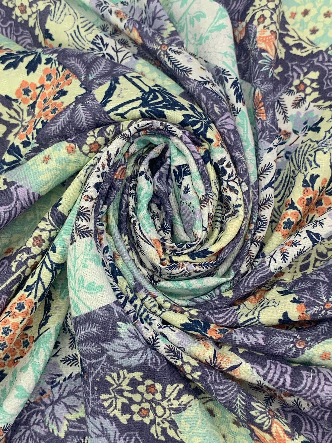 Soft Concord Grape/Pale Goldenrod/Coral/White 100% Rayon Floral Zig Zag Print Challis 54W