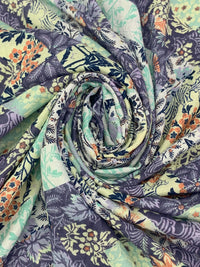 Soft Concord Grape/Pale Goldenrod/Coral/White 100% Rayon Floral Zig Zag Print Challis 54W