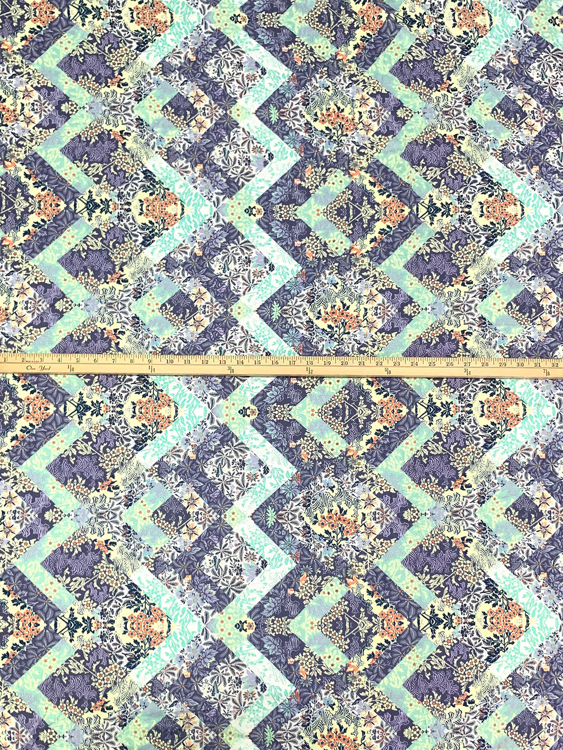 Soft Concord Grape/Pale Goldenrod/Coral/White 100% Rayon Floral Zig Zag Print Challis 54W