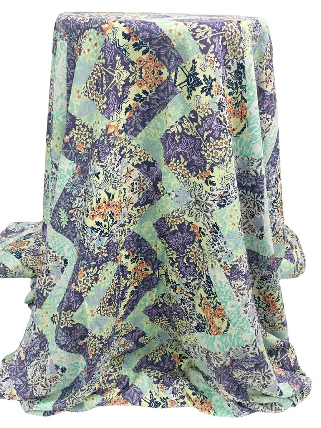 Soft Concord Grape/Pale Goldenrod/Coral/White 100% Rayon Floral Zig Zag Print Challis 54W